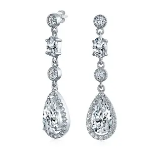 Cocktail Fashion Bridal Fashion Cubic Zirconia Halo CZ Large Statement Teardrop Chandelier Earrings