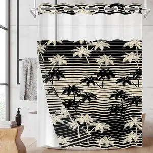 1PC Double Layer No Hooks Shower Curtain, Black & White Striped Palm Tree Print, Tropical Vacation Bathroom Decor, Detachable Buckle Liner for Home Hotel, 71×74 Inch