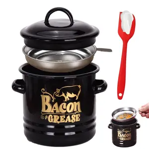 Bacon Grease Container with Strainer - With Food-Grade Silicone Spatula , 46oz Large Enamel Rustic Farmhouse Fat Container
