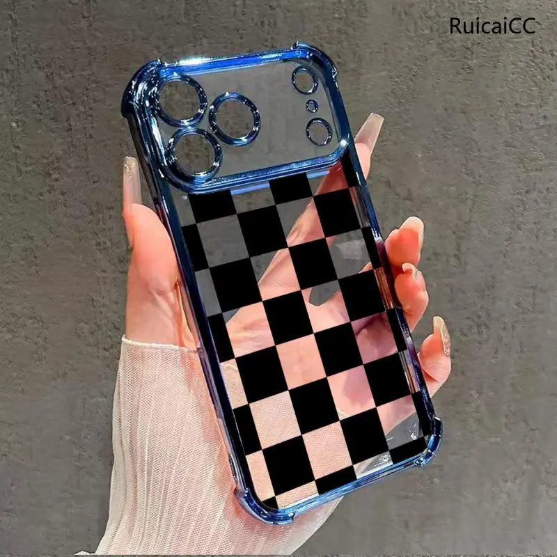 Black checkered four-corner drop-proof TPU phone case for iPhone 17 Air 16Pro Max 15 14Plus 13 12 11 Simple and stylish camera protection Shockproof Anti-Drop Shockproof Drop Protection Durable Phone Case