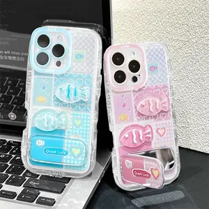 Cute 3D Fish Phone Case, Blue Checkered Patchwork Design, Shockproof Clear Cover, Kawaii Aesthetic Protective Case for iPhone 17/16/15/14/13/12/11 Pro Max
