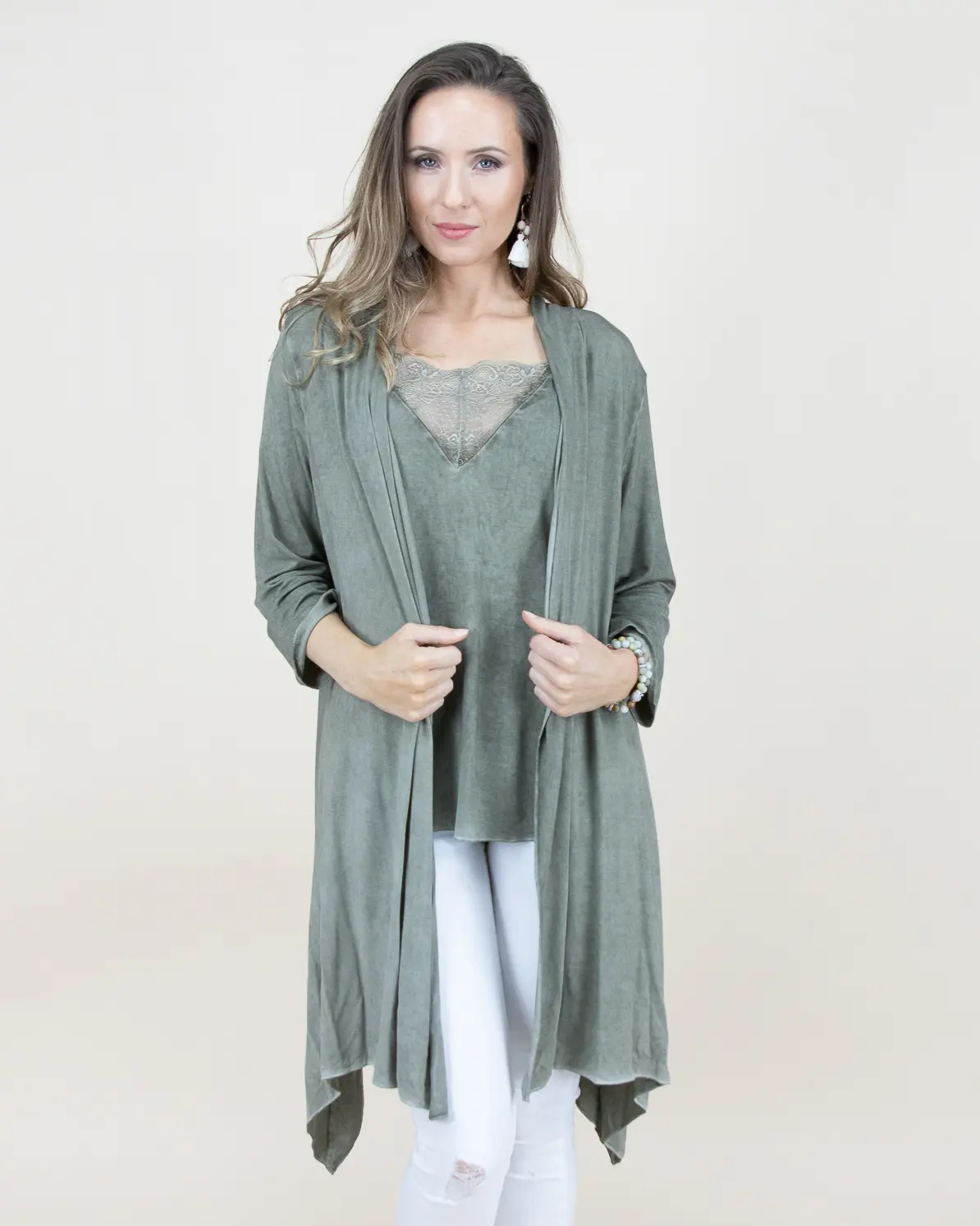 Original USA Women's Casual Knitwear Separates - Relaxed Fit Solid Washed Tunic Top & Long Sleeve Open-Front Acrylic Cardigan, Longsleeves