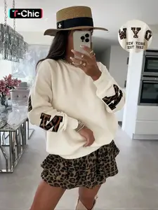 Women's Leopard Letter Drop Shoulder Sweater, Casual Long Sleeve Round Neck Jumper for Daily Outdoor Wear, Women Knitwear for Fall & Winter