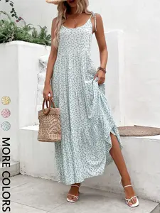 1 Piece Women's Ditsy Floral Tiered Maxi Dress, Spring Summer White Blue Spaghetti Strap Sleeveless Flowy Boho Sundress, Flattering Vacation Beach Outfits for Women Daily Wear