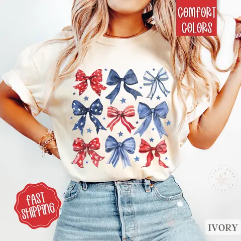 USA Bow Shirt Comfort Colors, America Bow Shirt for July 4th, Memorial Day Shirt, USA Shirt, Election Shirt, Patriotic Bow Shirt