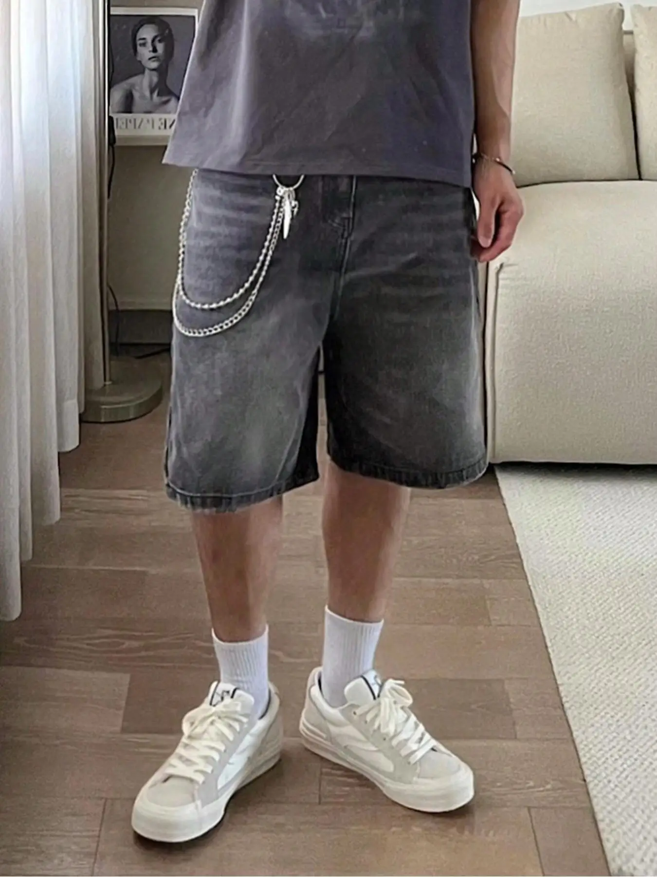 Men's Wide Leg Denim Shorts(Without Metal Chain), Loose Street Fashion Casual Comfy Pocket Denim Shorts for Daily Wear, Woven Bottoms for All Seasons