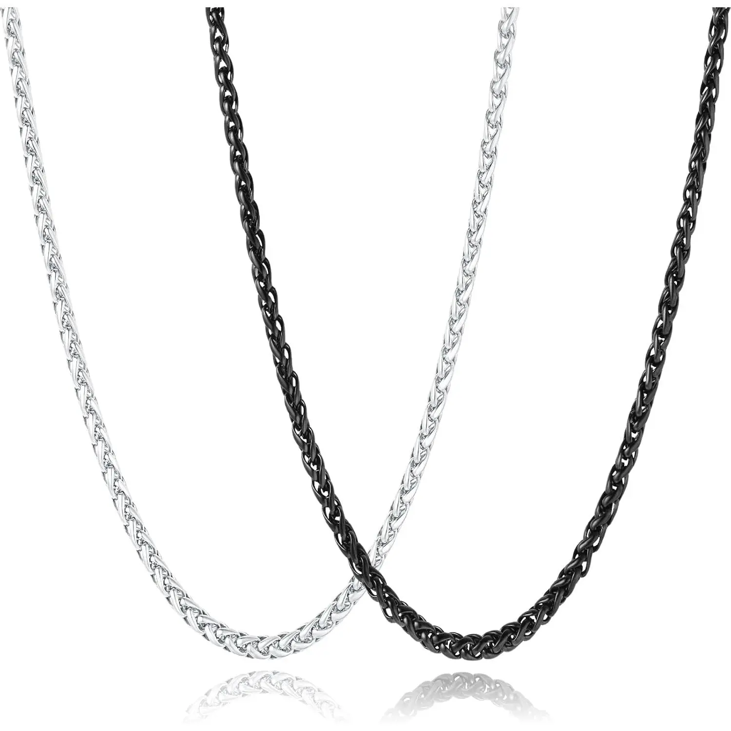 2 count Chains for Men, 4mm Stainless Steel Silver Tone Gold or Black Wheat Necklace Chain for Men Women Boy, 16, 20, 24, 28, 32 Inch