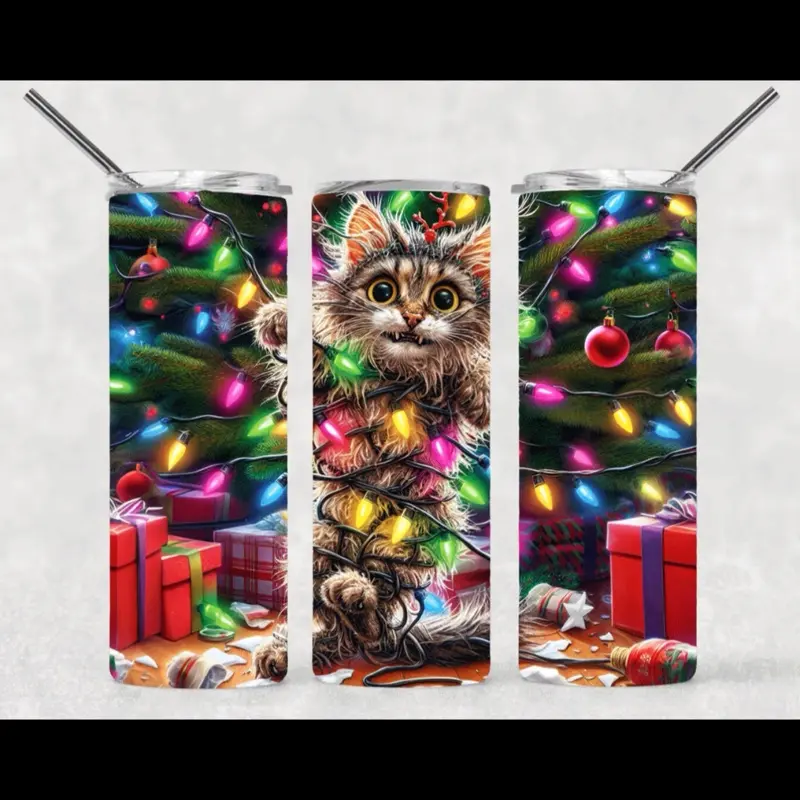 Christmas Cat Chaos 20oz Stainless Steel Tumbler – Funny Cat Mom Holiday Cup with Lid & Straw | Customizable Gift