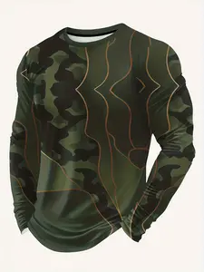 Men's camouflage pattern color block print crew neck long-sleeved T-shirt, casual and fashionable outdoor street sports top for spring and autumn, suitable for everyday wear.