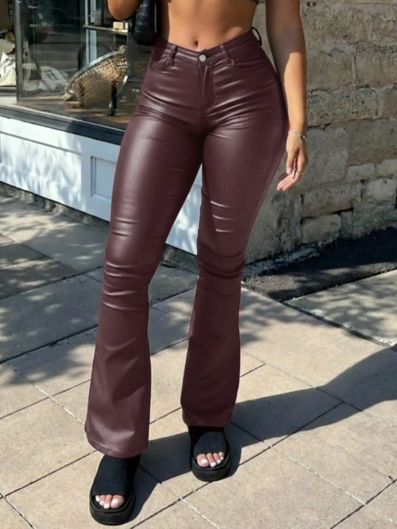 Women's Coated PU Leather Flare Pants, Stylish Chic Elegant Flared Long Wide Leg Trousers, Comfortable and Trendy Fashion for Daily Wear Womenswear Bottoms