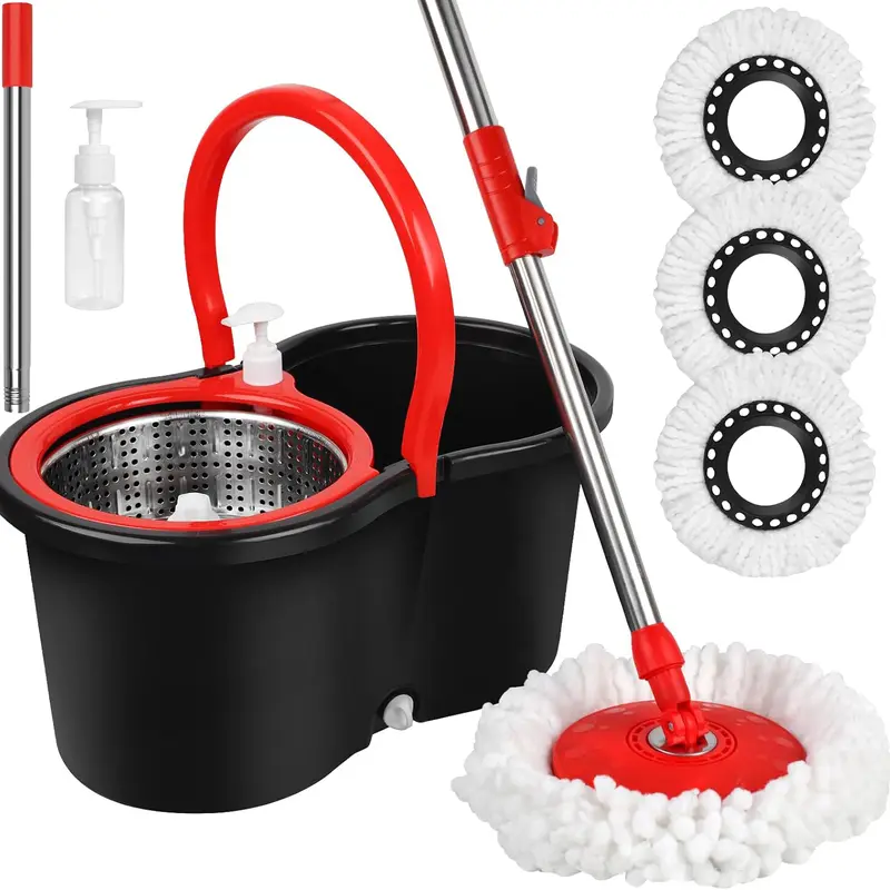 Spin Mop and Bucket Set, 360° Spin Mop and Bucket with Wringer Set and 3 Microfiber Mop Replacement Heads Refills, 61" Stainless Steel Extended Handle Spinning Mop Bucket System for Floor Cleaning