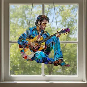 Elvis Presley Stained Glass Style Suncatcher Rock and Roll Legend Guitar Player Window Art Decor Mosaic Hanging Ornament Retro Musician Home Gift