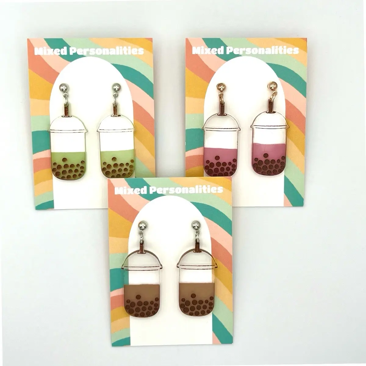 Boba tea acrylic dangle earrings and keychain, available in pink, green or brown. Female Casual Acrylic food earrings