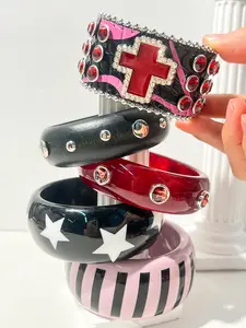 Y2K Bold Bracelet Set 5 Styles Red Cross Rhinestone Star Resin Cuff Edgy Pink Striped Statement Jewelry Fashion Cool Accessories