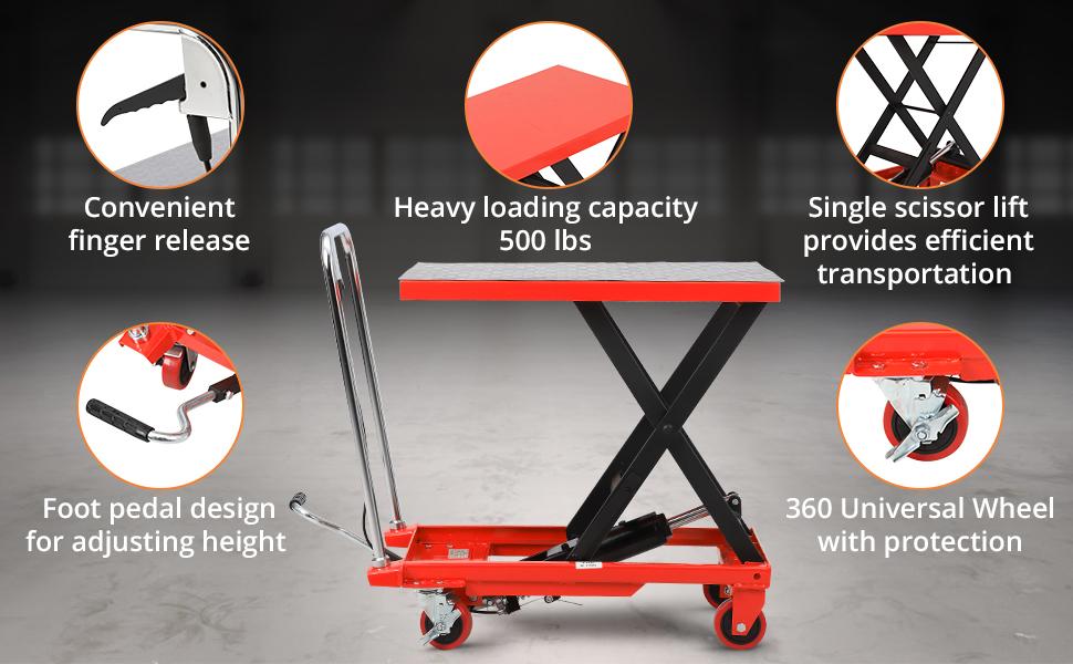 GARVEE Hydraulic Lift Table Cart 500lbs, Lift Table Capacity 28.5 Inch Lifting Height, Manual Single Scissor with 4 Wheels and Non-Slip Pad Thickness 3mm for Material Handling and Transportation