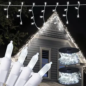 new one 2 Pack Icicle Lights with Cord Reel, 46.7 FT 250 LEDs Cool White Icicle Christmas Lights with White Wire, Connectable Icicle String Lights with 120 Drops, Holiday Party Led Icicle Lights