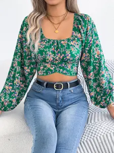 Women's Floral Print Tie Back Crop Blouse, Boho Bishop Sleeve Square Neck Top for Spring & Fall, Women's Clothing for Daily Wear