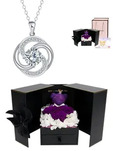 "Sparkling Diamond Glow" Ethereal Four-Leaf Clover Gem Necklace with delicate luxury pendant. Paired with an elegant purple preserved rose & teddy bear jewelry box, ideal for holidays, dates, birthdays, Valentine’s Day, and gifts for wife or daughter.