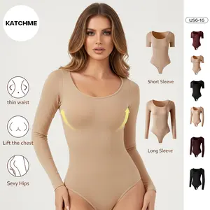 KatchMe Women's Minimalist U-Neck Seamless Long Sleeve Bodysuit, Solid Color Stretch Lifting Design Shapewear, Basic Lightweight Bodycon Womenswear