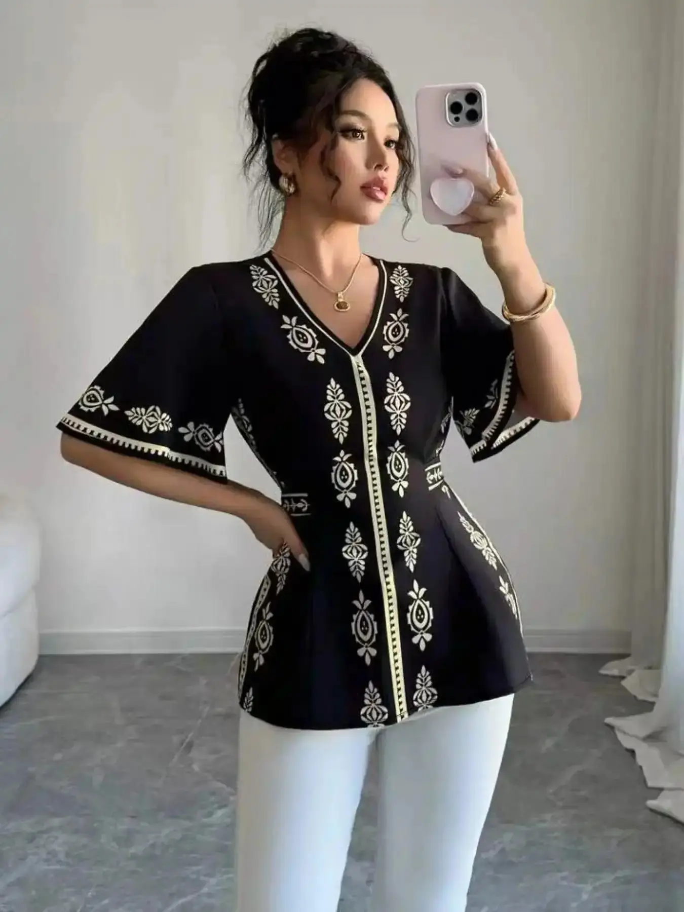 Spring Summer Ramadan Festival Vacation Party Paisley Print Chic Elegant Top, V-Neck Bell Sleeve Back Bow Tie Shirt Blouse Boho Chic Sleeve 2qs1017, Smart Casual, All Season Use, Wardrobe Staple, Closet Staple
