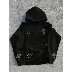 Men’s casual loose-fit hooded sweatshirt with a cross print; comfortable and well-fitted for year-round wear; medium fabric thickness; fashionable multifunctional design; popular hooded sweatshirt.