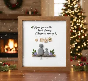 Pebble Art Gift for Mom Christmas | Custom Mother and Child Keepsake | "Heart of Every Christmas Memory" Quote | Scrabble Tile MOM Gift