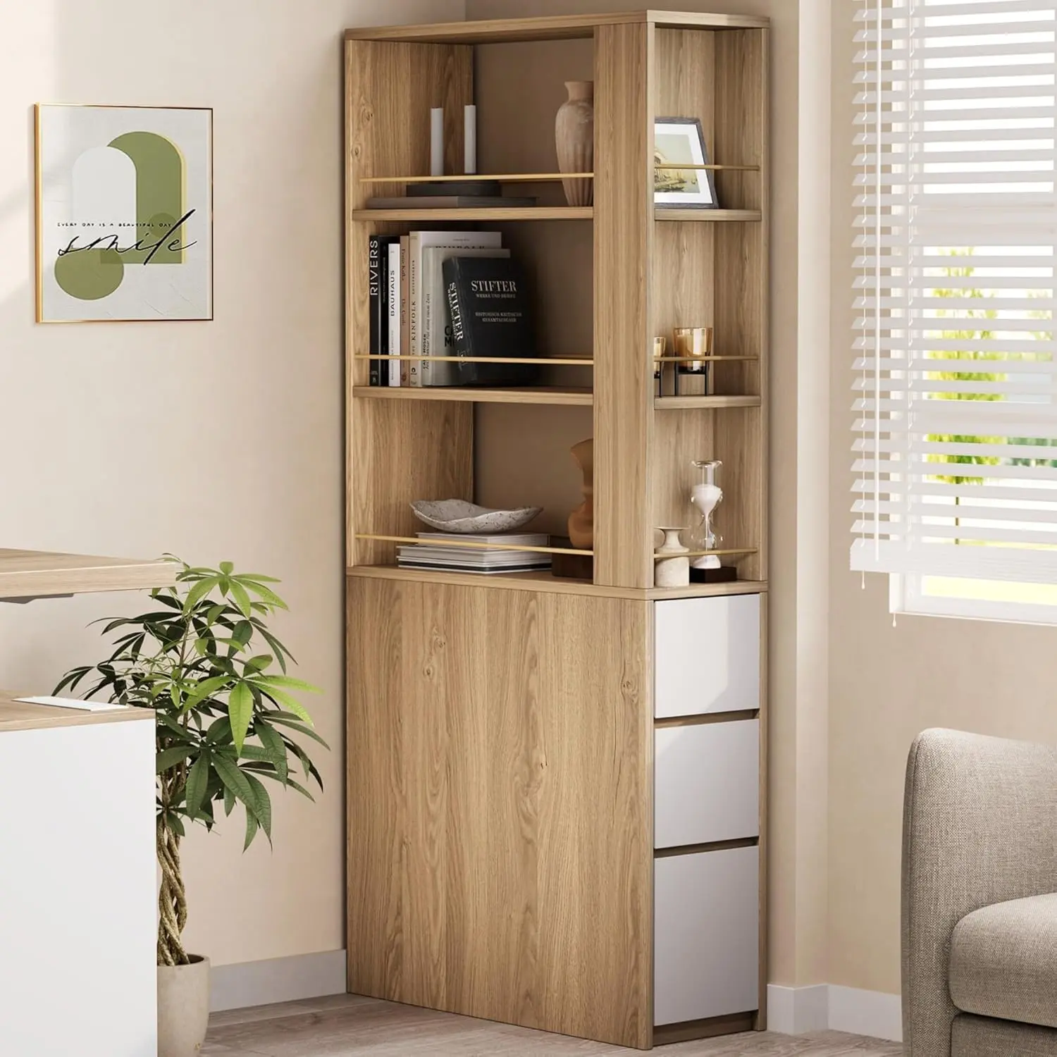 ModernMate 71'' Tall Corner Bookshelf - 3-Drawer, 3-Tier Open Double-Sided Wood Organizer, Multi-Functional for Home/Office, Light Walnut (Books Storage Solution)