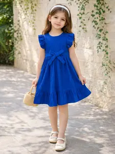 Girls' Blue Pleated Dress with Bow Belt, Knee Length, Short Sleeves, Casual Summer, Perfect for Parties and Daily Wear