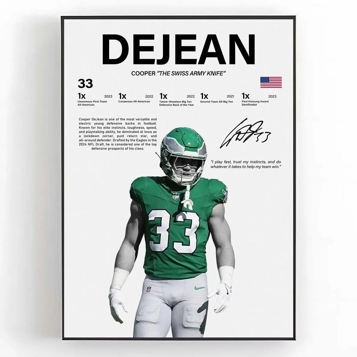 Cooper DeJean Poster, Philadelphia Eagles NFL Wall Art, American Football Sports Print, Sports Room Decor Gift, Fan Bedroom Home Decor UNFRAMED
