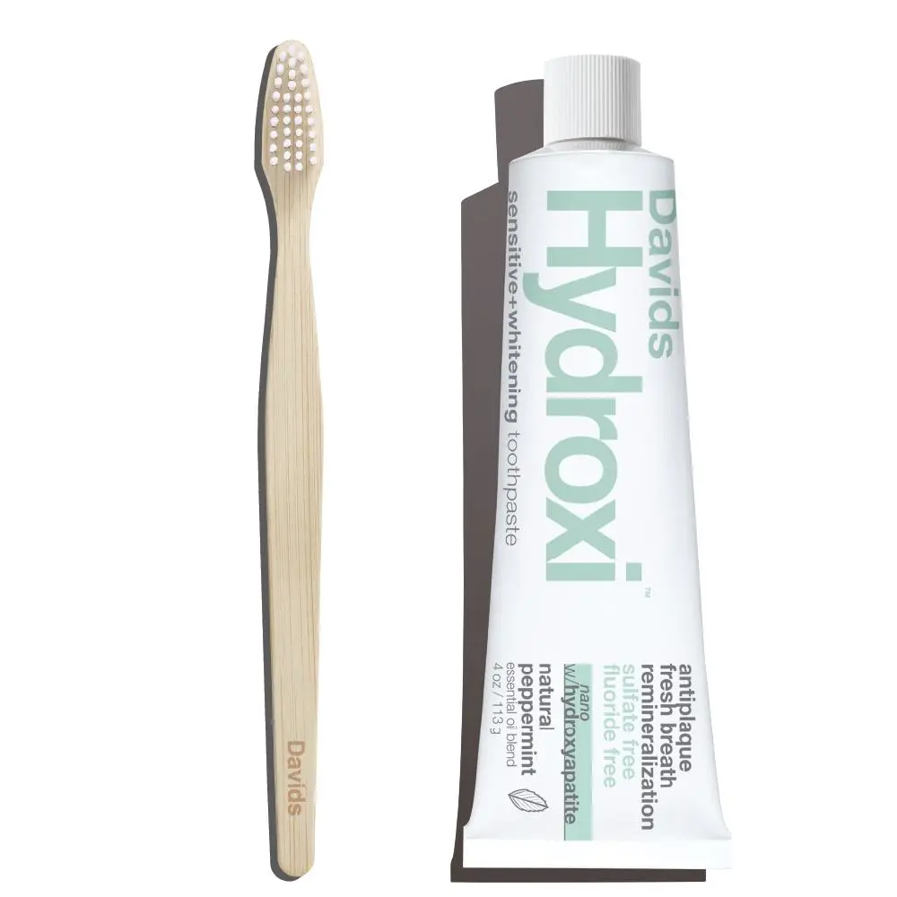 Davids Premium Starter Kit - Fluoride-Free Hydroxi™ Gentle Sensitive Toothpaste with Nano Hydroxyapatite, Brightening Repair Benefits & Bamboo Toothbrush, Exclusive None-Fluoride Oral Care Bundle, Peppermint