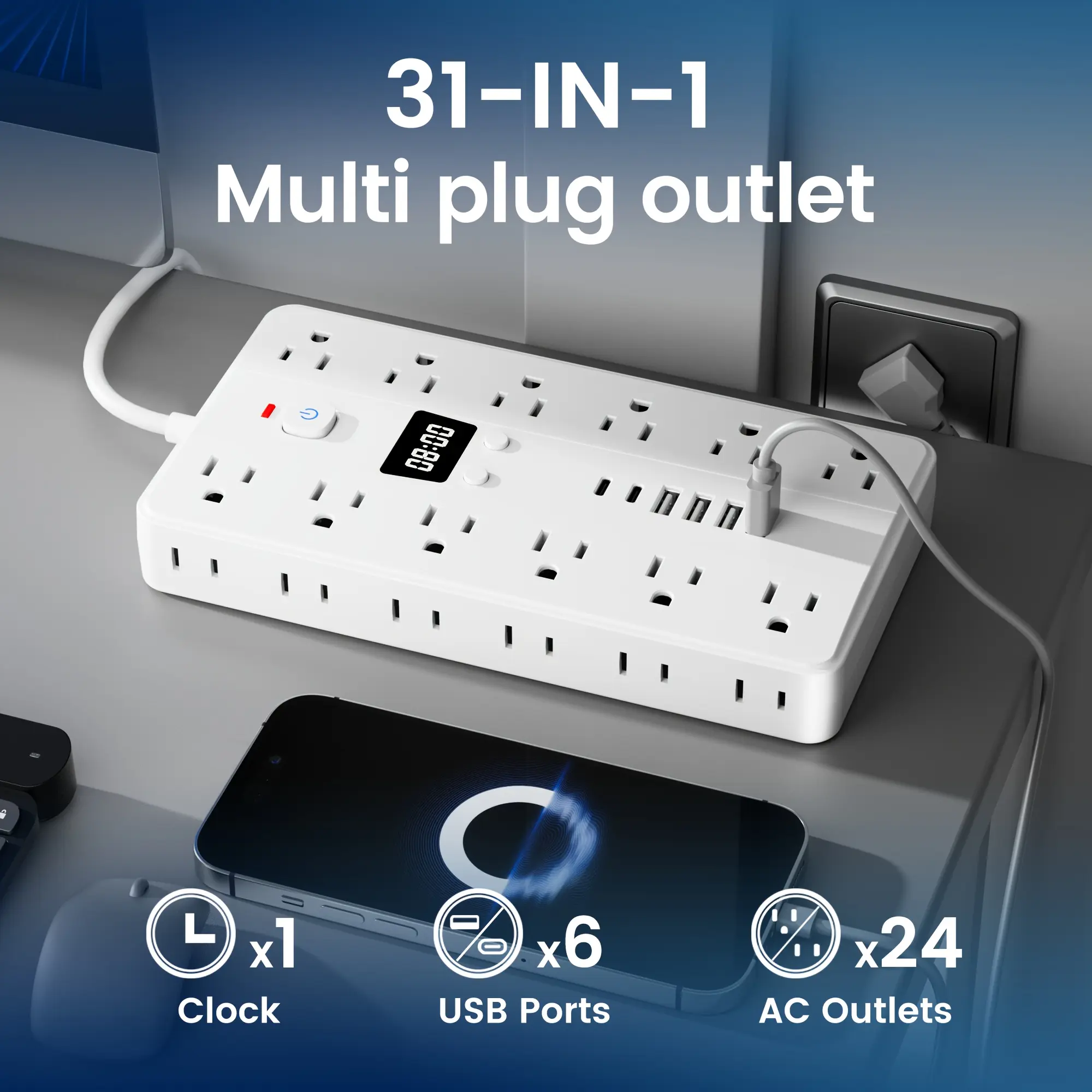 31-IN-1 Multi Plug Outlet with Clock 24 AC Outlets 4 USB-A 2 USB-C Smart Power Strip Overload Protection, Power Outlet - Ideal for Home And Office Desktop Charging Multiplug Wall Outlet Wall Outlet Extender, Power Strips With Usb Ports, Type C