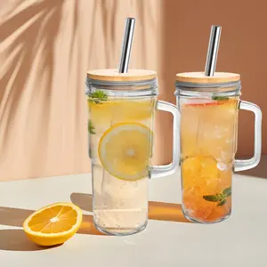2/4 Count Glass Cups with Handle, Bamboo Lids and Stainless Steel Straws, 24oz Coffee Mug Mason Jar Party Drinking Cute Clear Glass Tumbler for Iced Drink