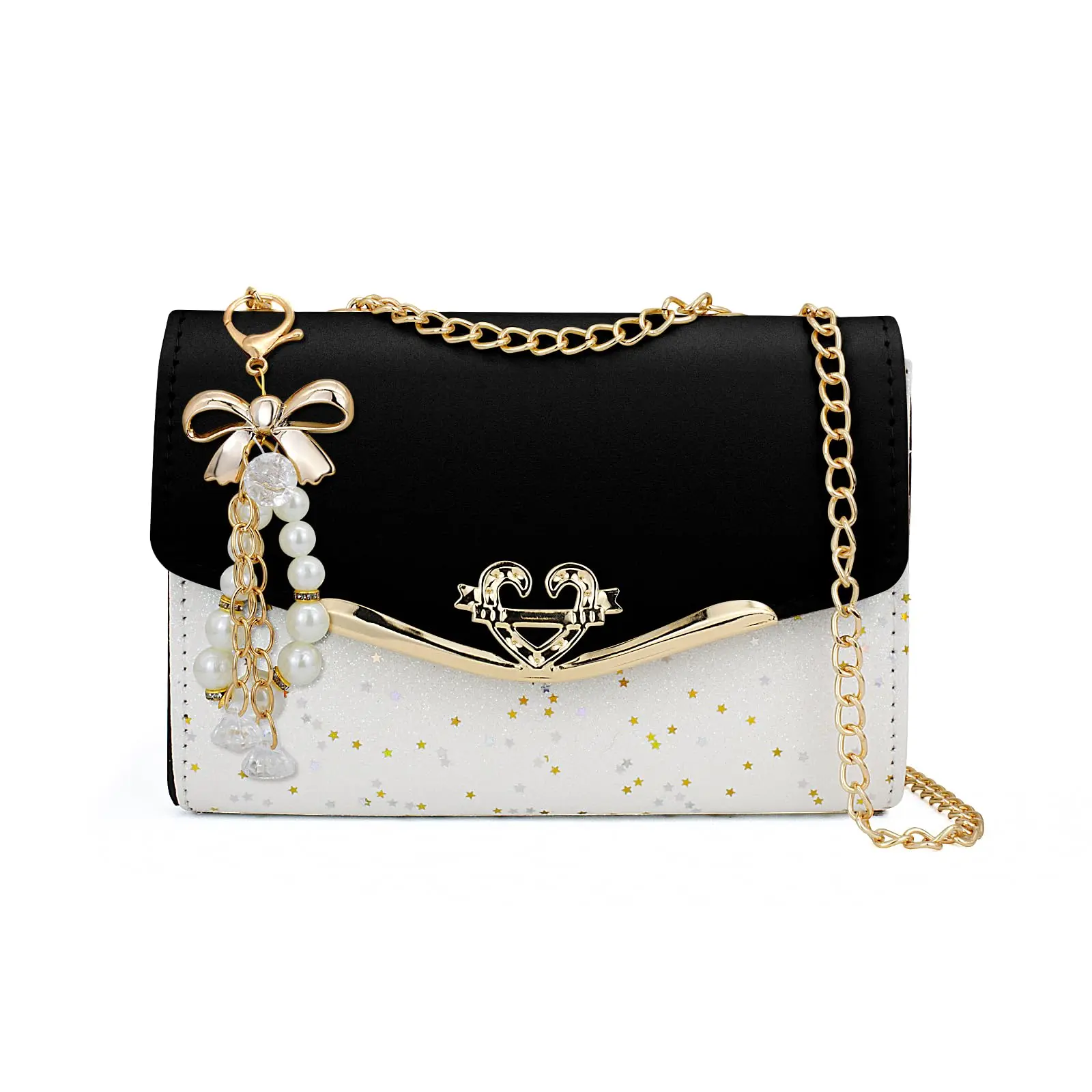 Women's Glitter Sequin Crossbody Bag - Stylish Shoulder Purse with Golden-Tone Chain Strap, Pearl & Bow Accents, Design for Everyday Use