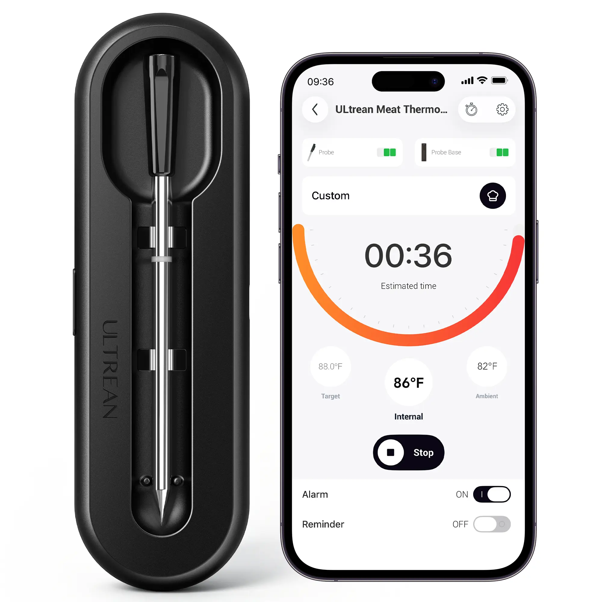 Ultrean Smart Wireless Stainless Steel Kitchen Meat Thermometer - Single Unit with Built-in Li-ion Battery, Instant Read Digital Display, Independent-Control Magnetic Base, Thin & Thick Probe, Waterproof, Customized Accurate Alerts for Grilling, Steak