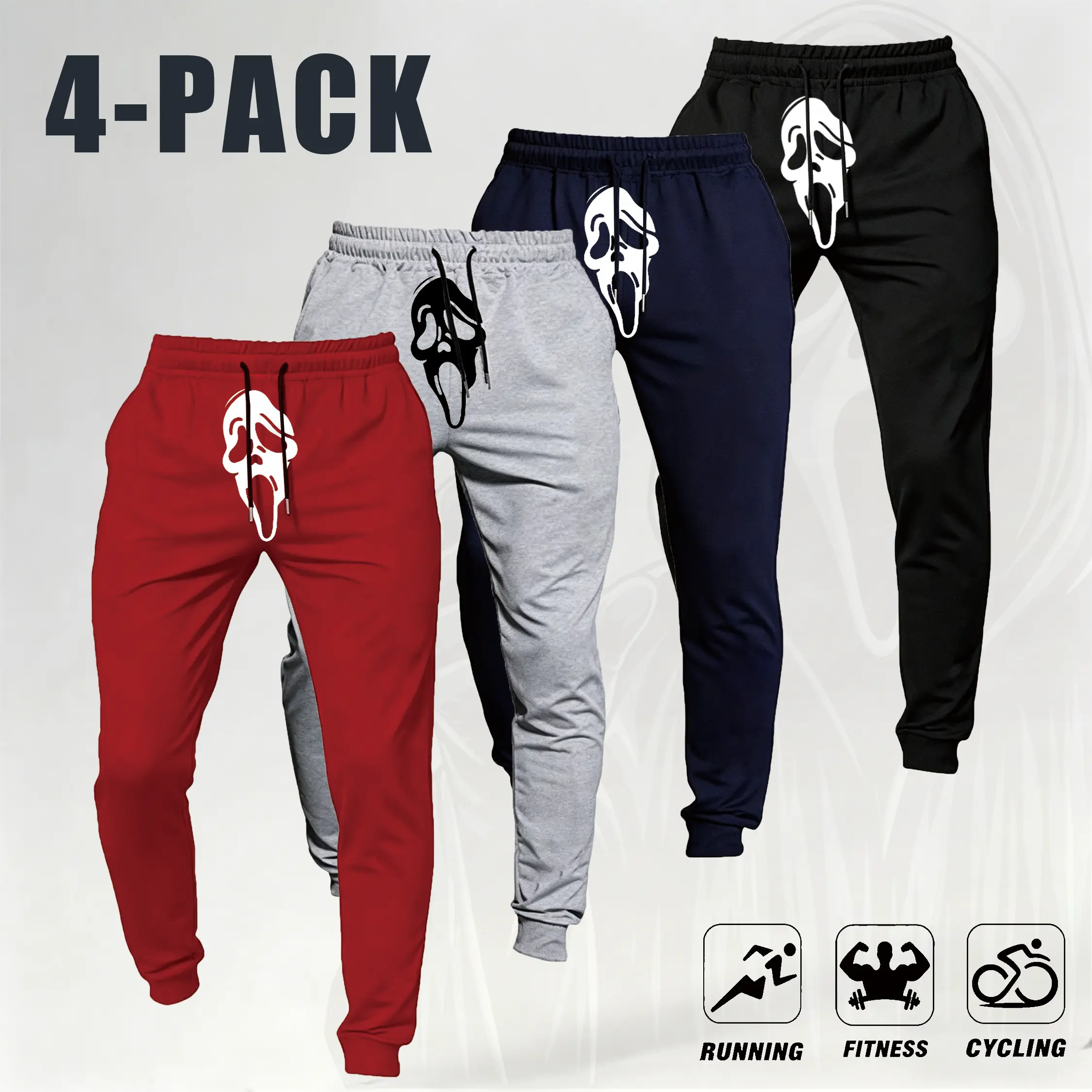 4-PACK Men's Skeleton Print Joggers, Casual Streetwear Pants, Elastic Waist Sports Trousers for Running, Fitness and Daily Wear