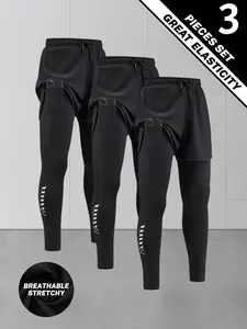 Men's 3 Pack 2-in-1 Running Leggings, Quick Dry Double Layer Athletic Workout Pants with Phone Pocket Stretch Compression Training Jogger Pants for Gym Fitness Jogging