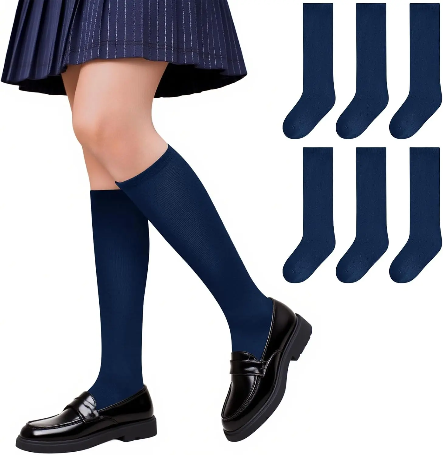 Haloumoning 3-Pack Girls' Cotton Tube Socks, Knee-High School Uniform Socks with Seamless Toe for Kids Ages 1-15