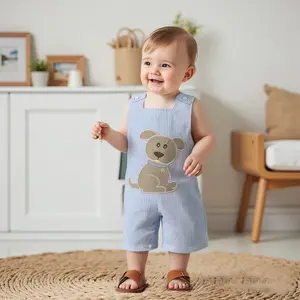 Toddler Baby Boy Dog Embroidered Blue And White Striped Overalls Romper Summer Clothes