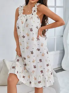 Women's Cartoon Rabbit Print Frill Trim Sleeveless Nightdress, Casual Soft Comfortable Nightgown for All Seasons, Fashion Ladies' Sleepwear for Daily Wear, Womenswear