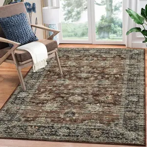 Washable Area Rug Rustic Floral Medallion Print Bedroom Rug Non-Slip Oriental Design Low-Pile Accent Carpet Traditional Distressed Floor Cover for Living Room Entryway