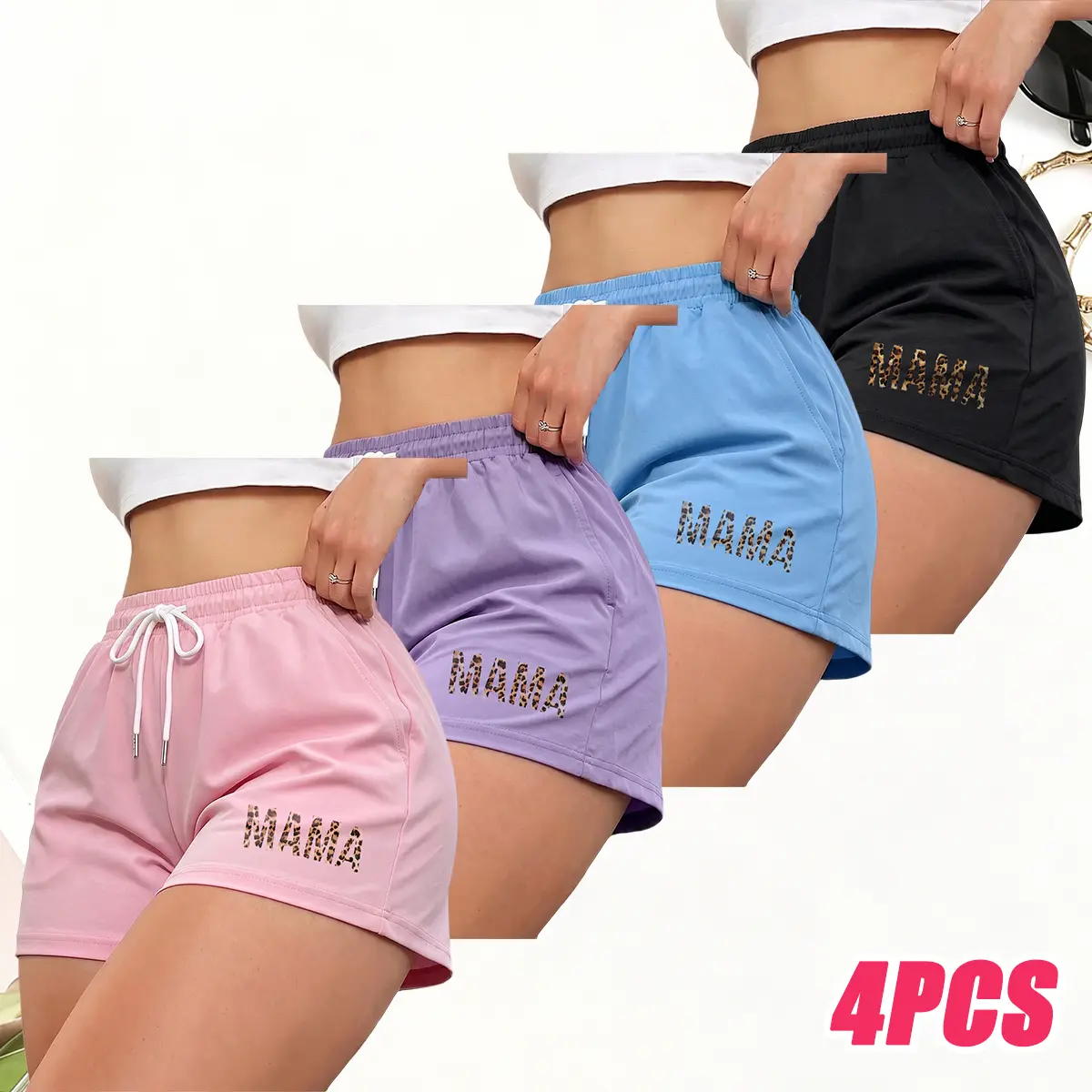 4PCS women’s shorts set with inner lining and drawstring, elastic waistband—suitable for running, fitness, and outdoor activities; sporty casual wear; women’s shorts, summer bottoms, summer charm