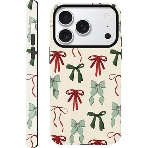 Cute Christmas Bow Phone Case for iPhone 17 Pro Max Case 6.9", Red Green Coquette Ribbon Bowknot Pattern Print Design Matte Phone Cover Shockproof Soft TPU Hard PC Protection Girls Women Funda