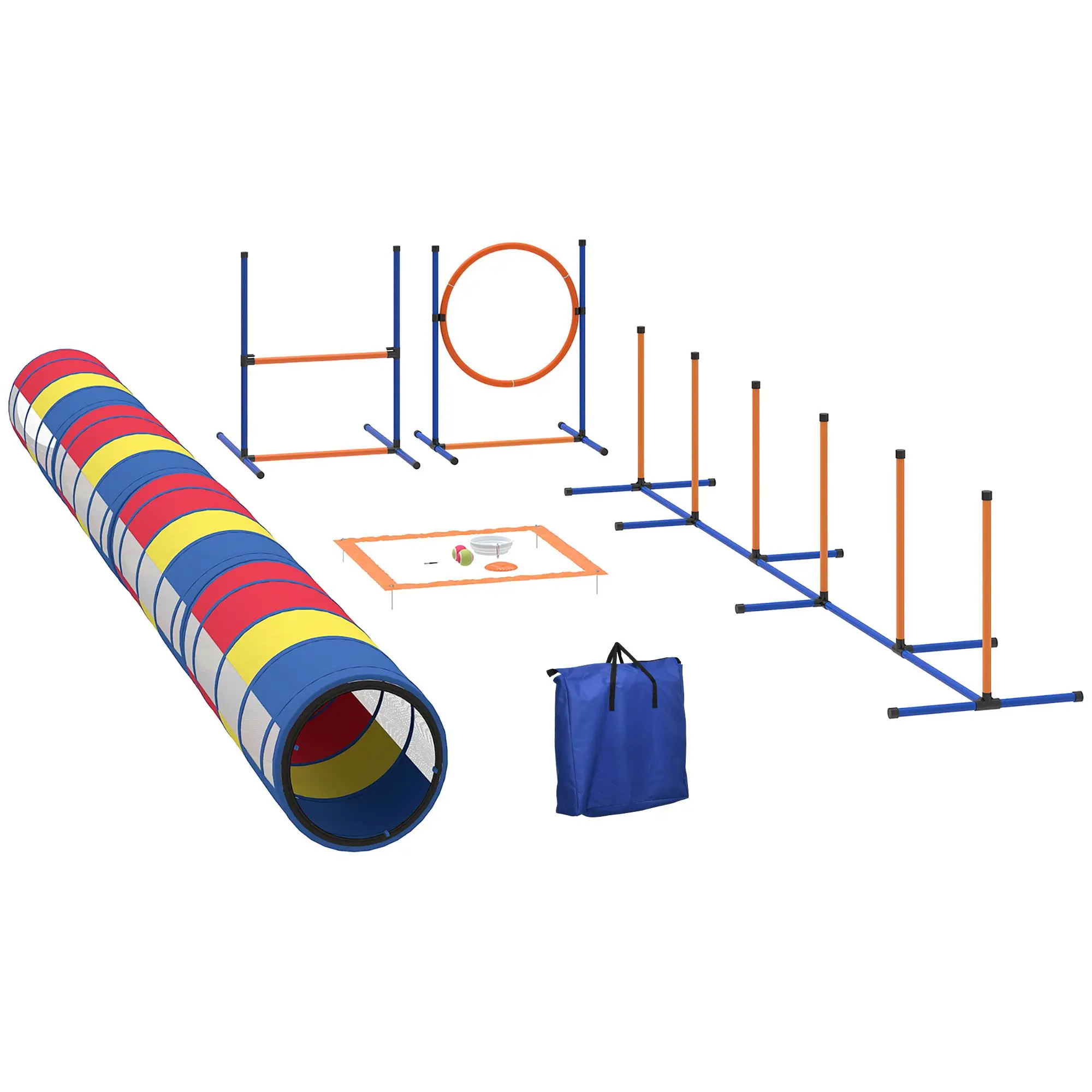 12-Piece Dog Agility Set – Adjustable Hurdle & Ring, 4 Tunnels, Weave Poles. Customizable Tunnel Layout. Indoor/Outdoor. Progressive Heights. Durable PE Pipes