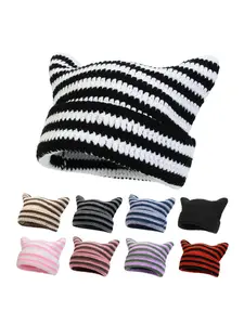 Handmade Striped Cat Ear Beanie Hat, Cute Warm Knit Cap for Women & Men, Casual Fashion Accessory for Fall Winter Seasons, Beanie Fitted Knitted Hat