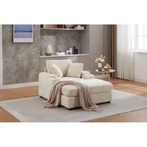 [AURA] Corduroy upholstered recliner sofa with storage armrests and removable footstool, stainless steel cup holder, removable cushions, deep seat for living room use cozy furniture