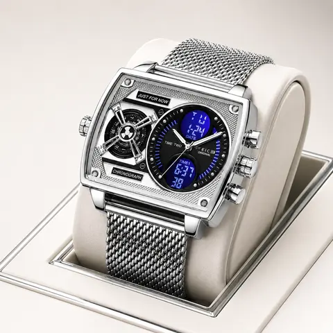 FEICE Men's Digital Watch - Stainless Steel Case, Milanese Mesh Band, Chronograph, Dual Time, Date Display, Left 3D Disc Pointer, Large 3-Pin, 12 Functions, Starship Shape, Trendy Multifunctional Modern Waterproof Digital Watch for Casual, Active Wear