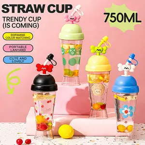 Versatile 750ml Straw Tumbler with Lanyard - Cute Cartoon Design, Leakproof Lid, Large Capacity - Works for Iced Coffee, Smoothies, Boba, Lemon Water & More - Ideal for Home, Office, Travel & Outdoor Gatherings