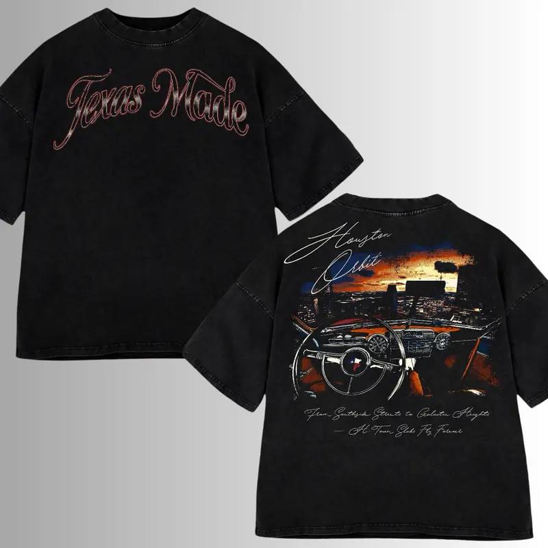 Texas Made Vintage Washed T-Shirt, Houston Retro Car Graphic Tee, Western Streetwear Oversized Shirt, Texas City Night Drive Tee for Men & Women