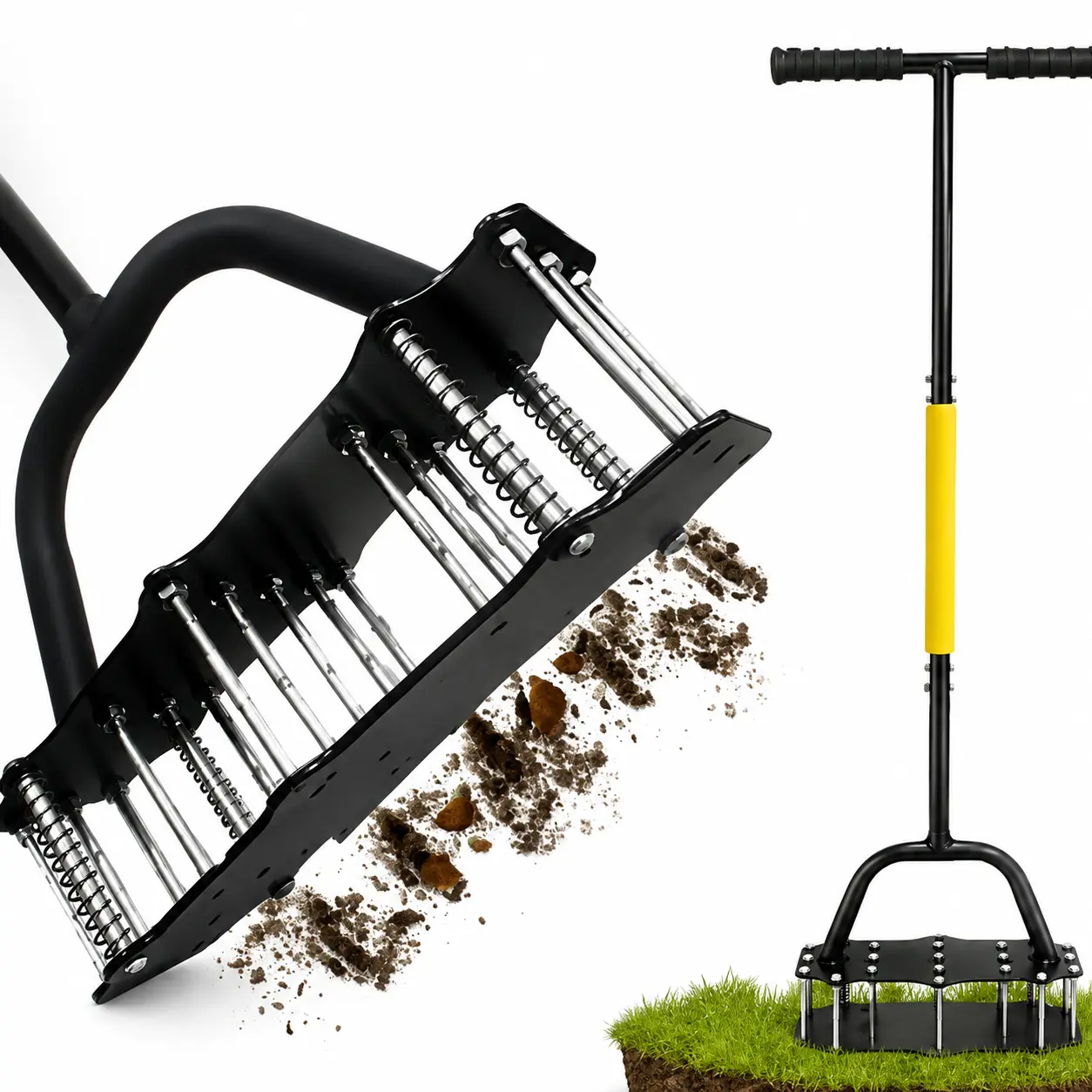 Lawn Aerator Tool with Automatic Dirt and Leaf Cleaning Design, Grass Aerator for Yard and Garden, Helps Renovate Soil, Improve Permeability, and Restore Lawn Health, Heavy-Duty Metal Spring Lawn Aerator Tool with 17 Iron Spikes, Height Adjustable.