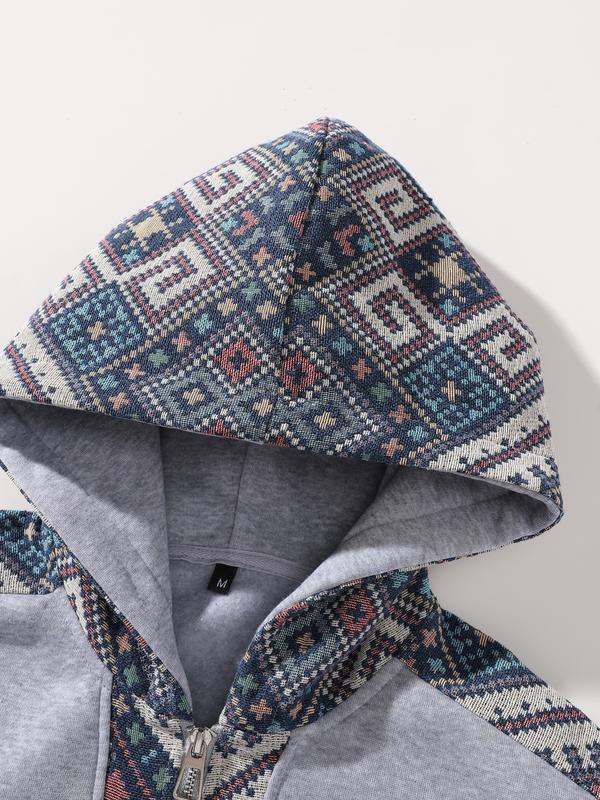 Thick Knit Men's Half-Zip Hoodie with Patchwork Contrast Color Design - Retro Ethnic Style, Fitted Silhouette, Warm & Cozy for Fall Outfits